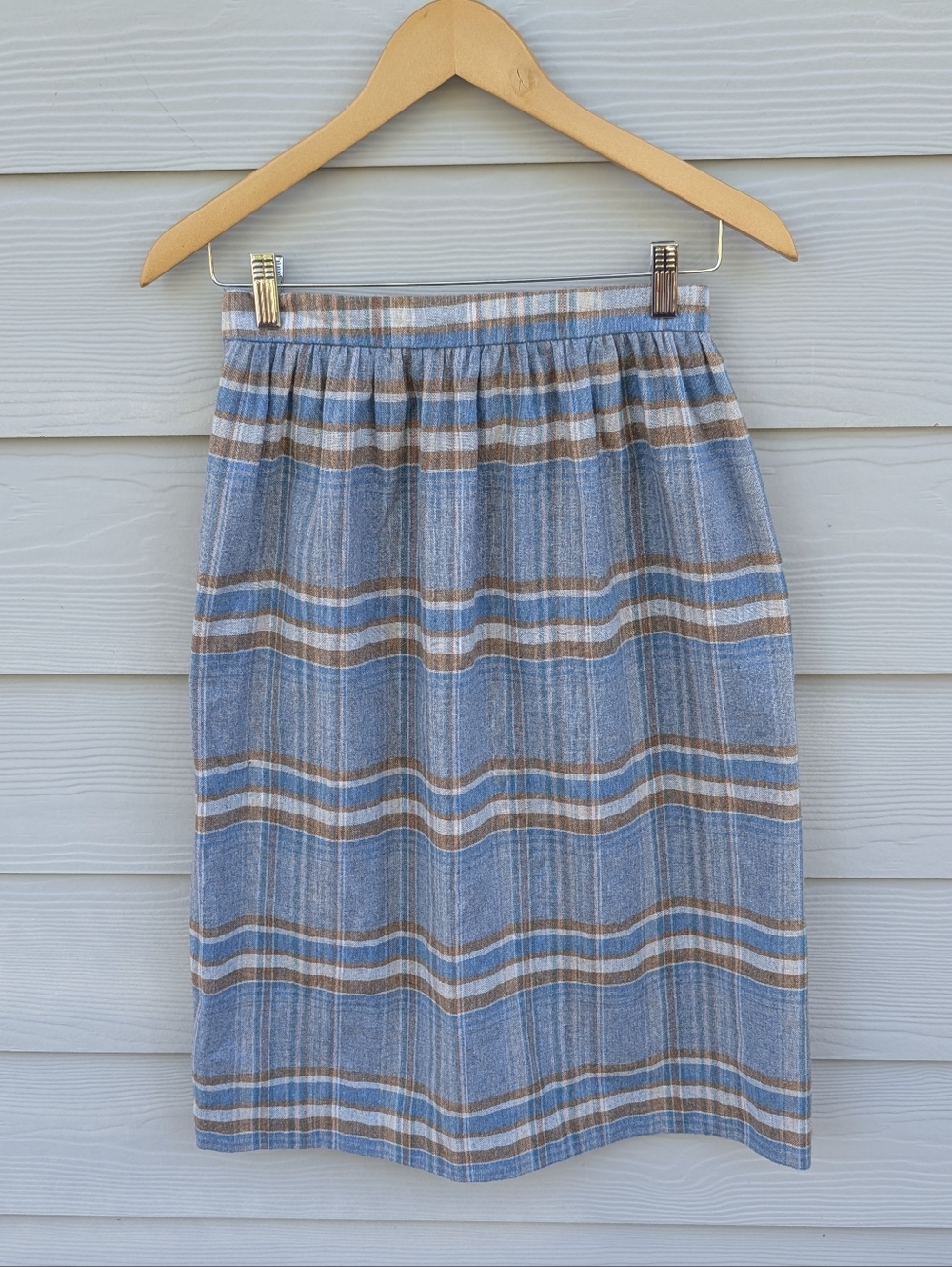 Dimension Skirt Size 8 Blue Plaid Wool Blend Vintage Mini Midi High Waist Zipper